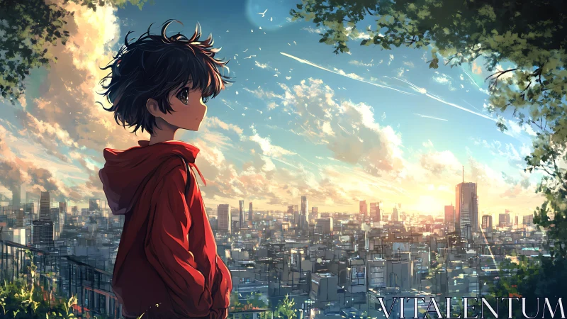 Youthful figure in red hoodie above detailed cityscape.