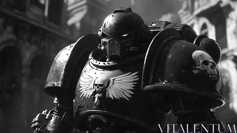 Stoic armored warrior stands ready in a gothic war-torn city