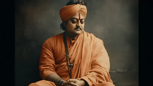 Saffron-robed mystic in silent, inward sunrise of thought.