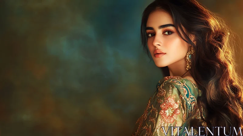 Elegant woman in embroidered attire with classic portrait lighting.