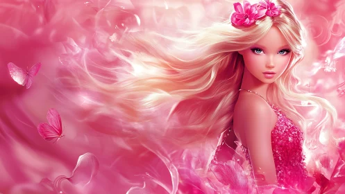 Fantasy blonde doll portrait in luminous pink butterflies.