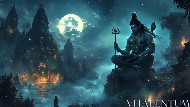Lord Shiva meditating above mystical moonlit temples.