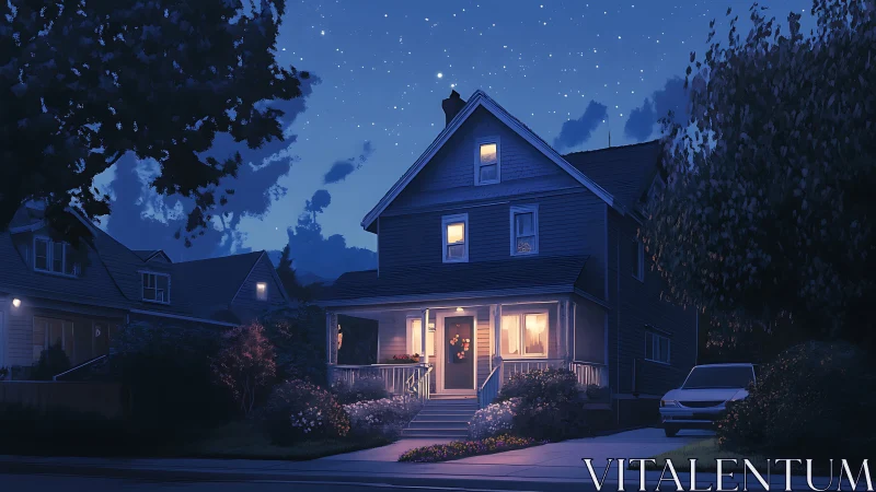 Cozy starlit home glows warmly in a quiet suburban night