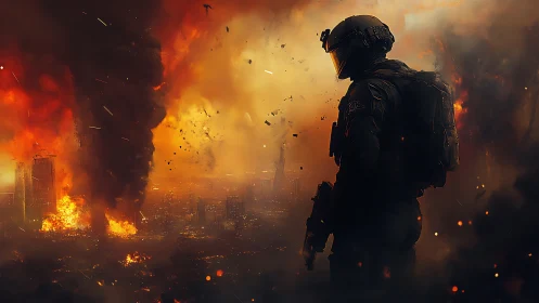 Armored soldier surveys burning city in apocalyptic dusk