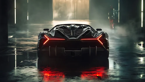 Rear view hypercar showcases angular aero bodywork and LED light signature