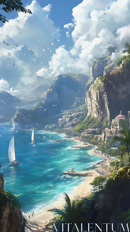 Clifftop Mediterranean Village Overlooks Turquoise Coastal Waters