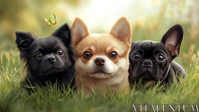 Three small dogs watch a butterfly in soft meadow light.