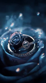 Luxury engagement ring positioned on midnight rose with crystalline diamond setting.