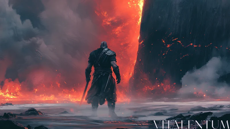 Warrior confronts molten chasm under stormy volcanic sky.