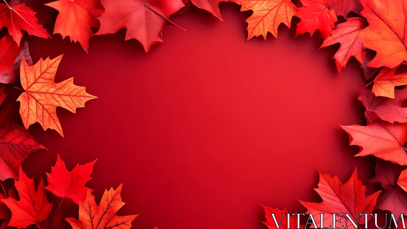 Red autumn maple leaves border on solid red background.