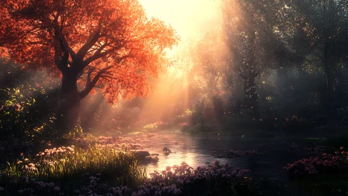 Golden forest light over tranquil river clearing at dawn.