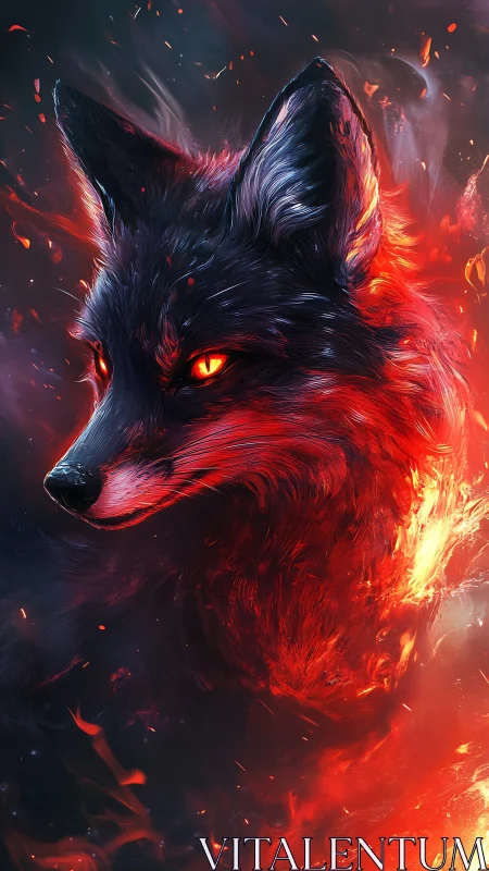 Fiery red and black wolf portrait with glowing eyes.