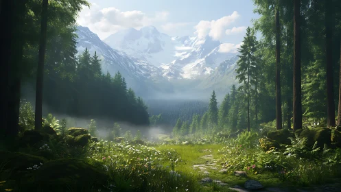 Alpine Cathedral: Where Granite Peaks Kiss Misty Meadows.