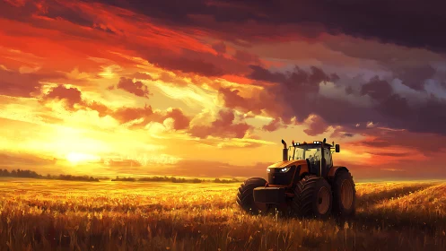 Golden field tractor under a bold country sunset sky.