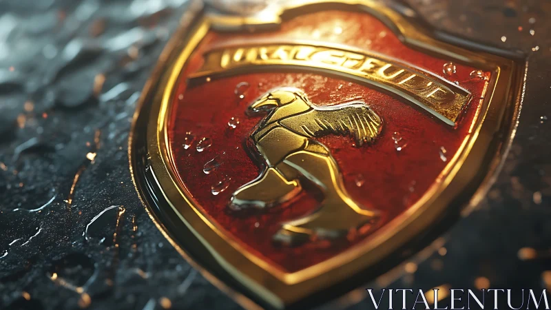 Gilded raven crest glows through storm-kissed metal droplets