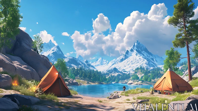 Tent-bright lakeside camp beneath storybook snow peaks.