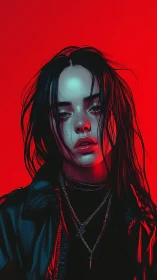 Moody cyberpunk portrait under neon red glow.