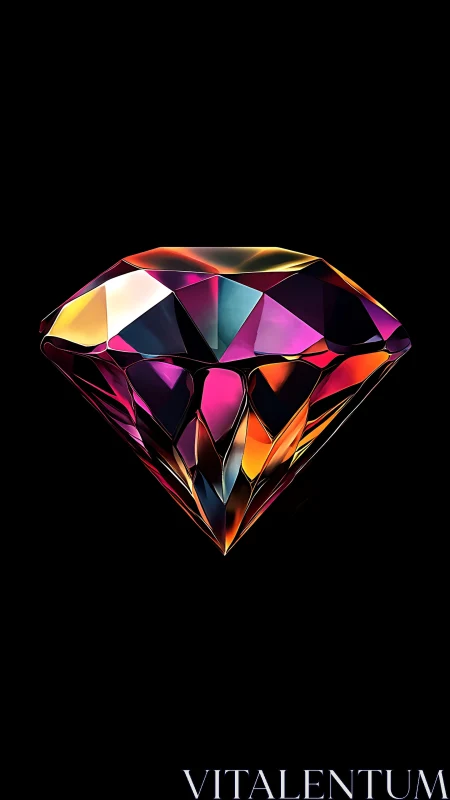 Prismatic gemstone glows in vivid neon reflections on black.