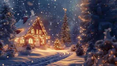 Cozy winter cottage glowing with gentle Christmas lights.