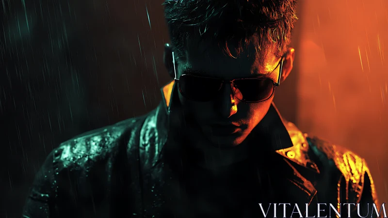 Neon backlit vigilante in rain with high-contrast bicolor lighting.