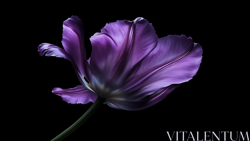 Purple Tulip Against Black Background.
