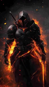 Hooded fiery knight in black armor holding a burning sword.