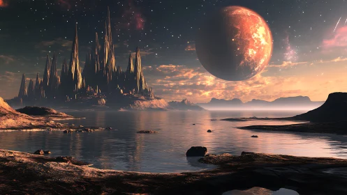 Alien spire metropolis under colossal planet in sunset haze