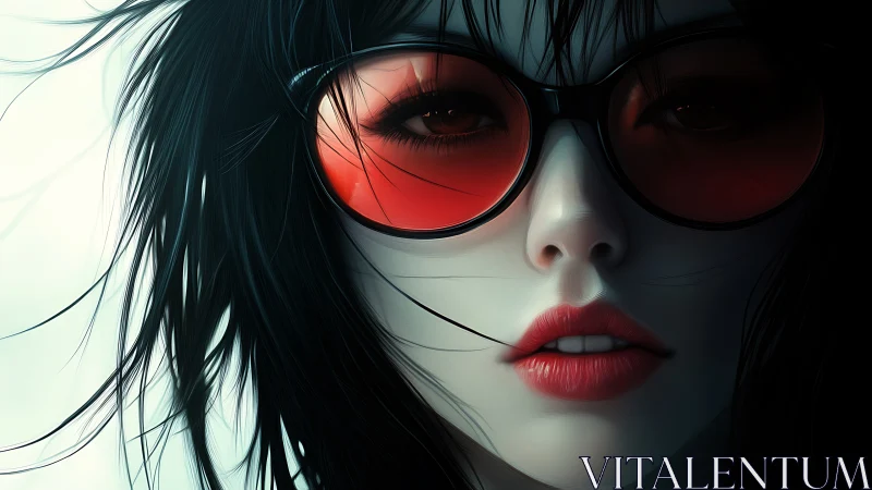 Digital portrait depicts close view of woman in red glasses