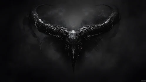 Demonic horned skull emerges from swirling black void.