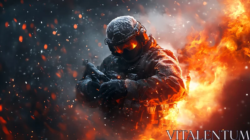 Armored figure stands amid contrasted fire and drifting snow