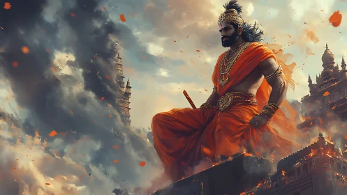 Mythic warrior meditates above burning temple citadels