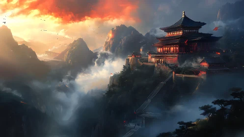 Digital painting of a mountain temple complex at storm-lit sunrise.