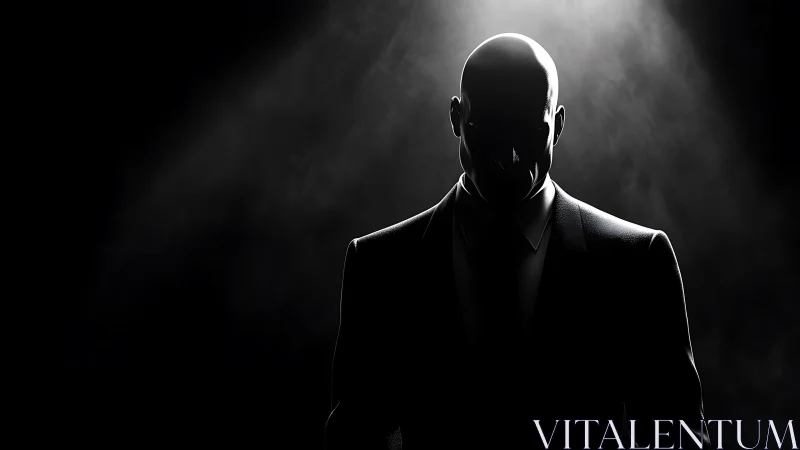 Bald man in suit standing under harsh spotlight in darkness.