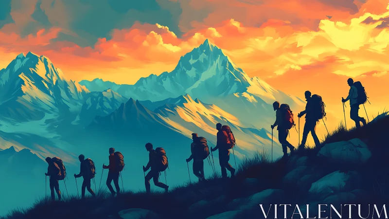 Digital painting of silhouetted hikers crossing alpine ridge.