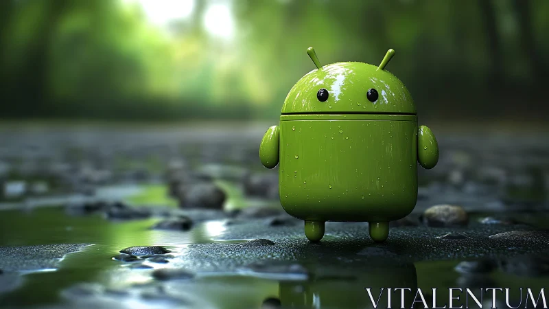 Green android mascot stands on wet forest river stones.