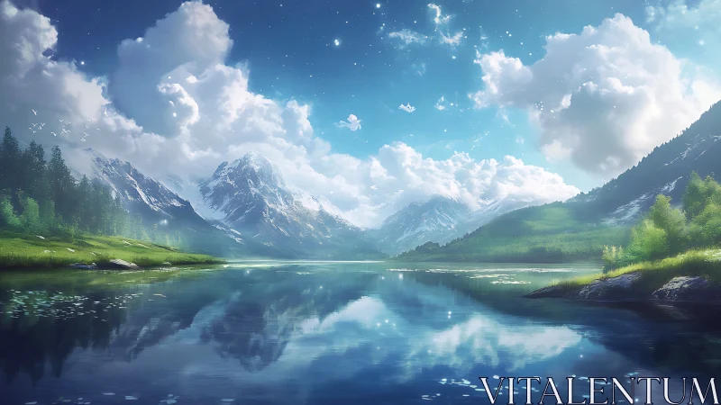 Majestic alpine lake reflects luminous mountains and clouds.