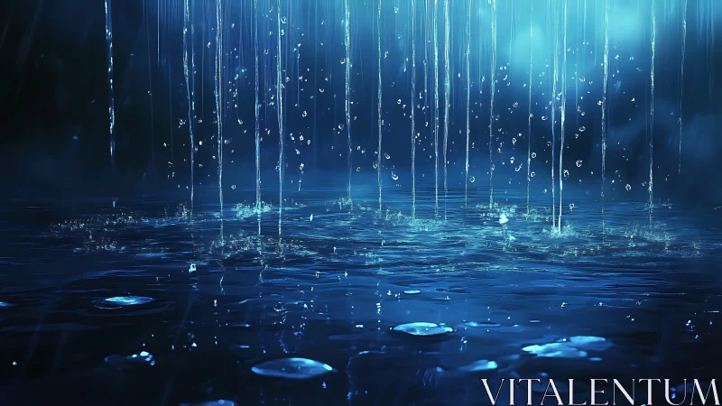 Hydrodynamic rain impact with luminous blue surface scattering.