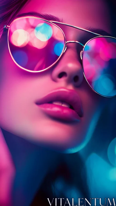 Neon-lit sunglasses frame a glossy, hyperreal portrait glow.