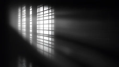 Monochrome light beams casting grid shadows on wall.