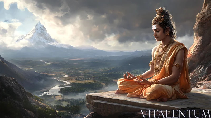 Meditating sage on mountain ledge above vast valley landscape.