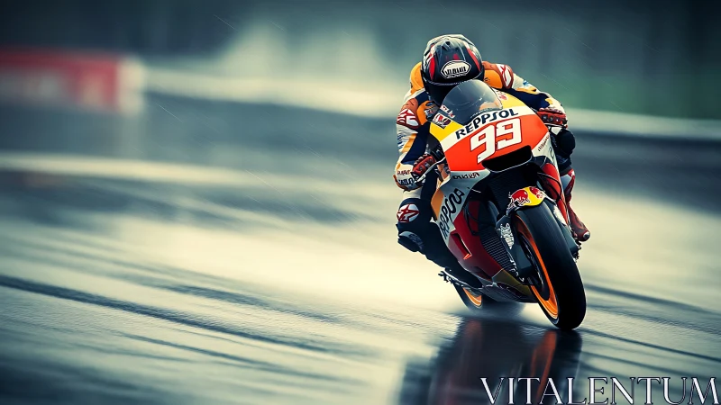 MotoGP rider carves wet circuit under driving rain.