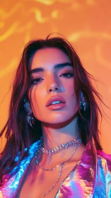 Neon-lit gaze melts into sunset gradients and glossy chrome