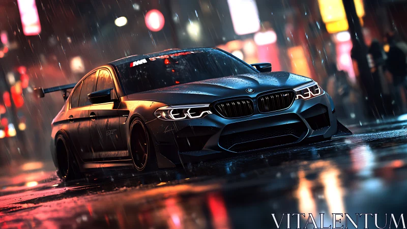 Modified dark sedan on wet neon city street at night scene.