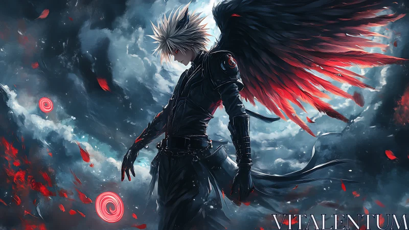 Winged dark warrior with red ethereal feathers in storm sky.