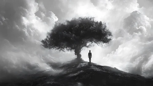 Solitary figure contemplates a lone tree in stormy clouds