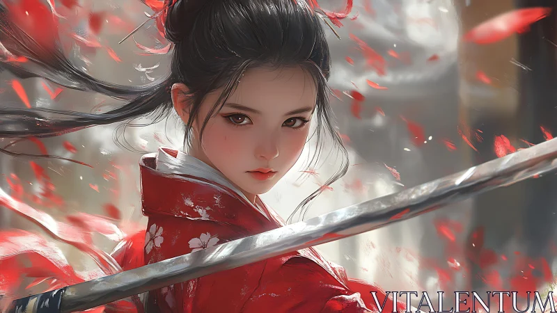 Scarlet-blade maiden poised in swirling petals of resolve.