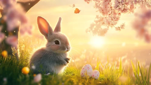 Digital rabbit render sits near eggs under blossoms at sunrise