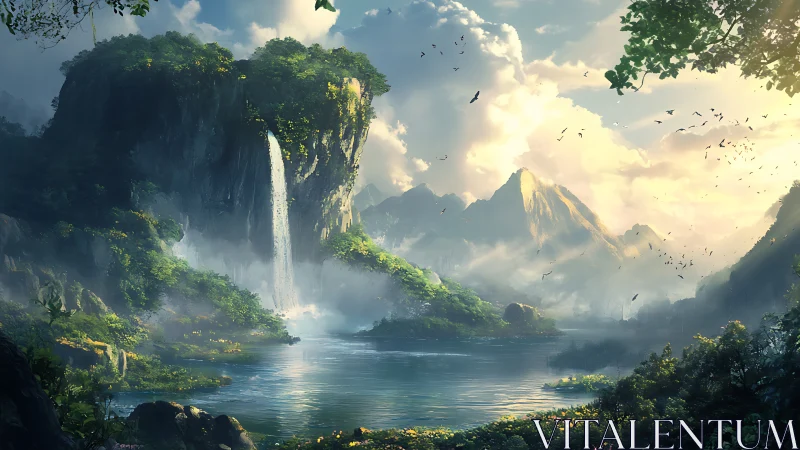 Sunlit waterfall valley renders atmospheric fantasy landscape