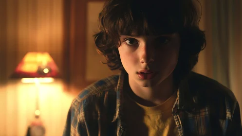 Soft lamplight on a thoughtful kid lost in midnight wonder.