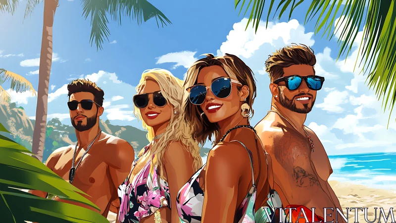 Stylish friends pose on tropical beach under bright sun